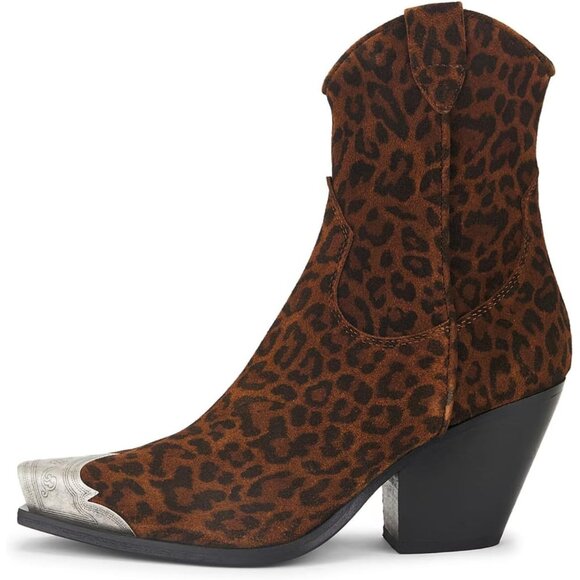 Women's Leopard Print Faux Leather Steel Toe Side Zipper Block Heel Ankle Boots - Picture 1 of 7